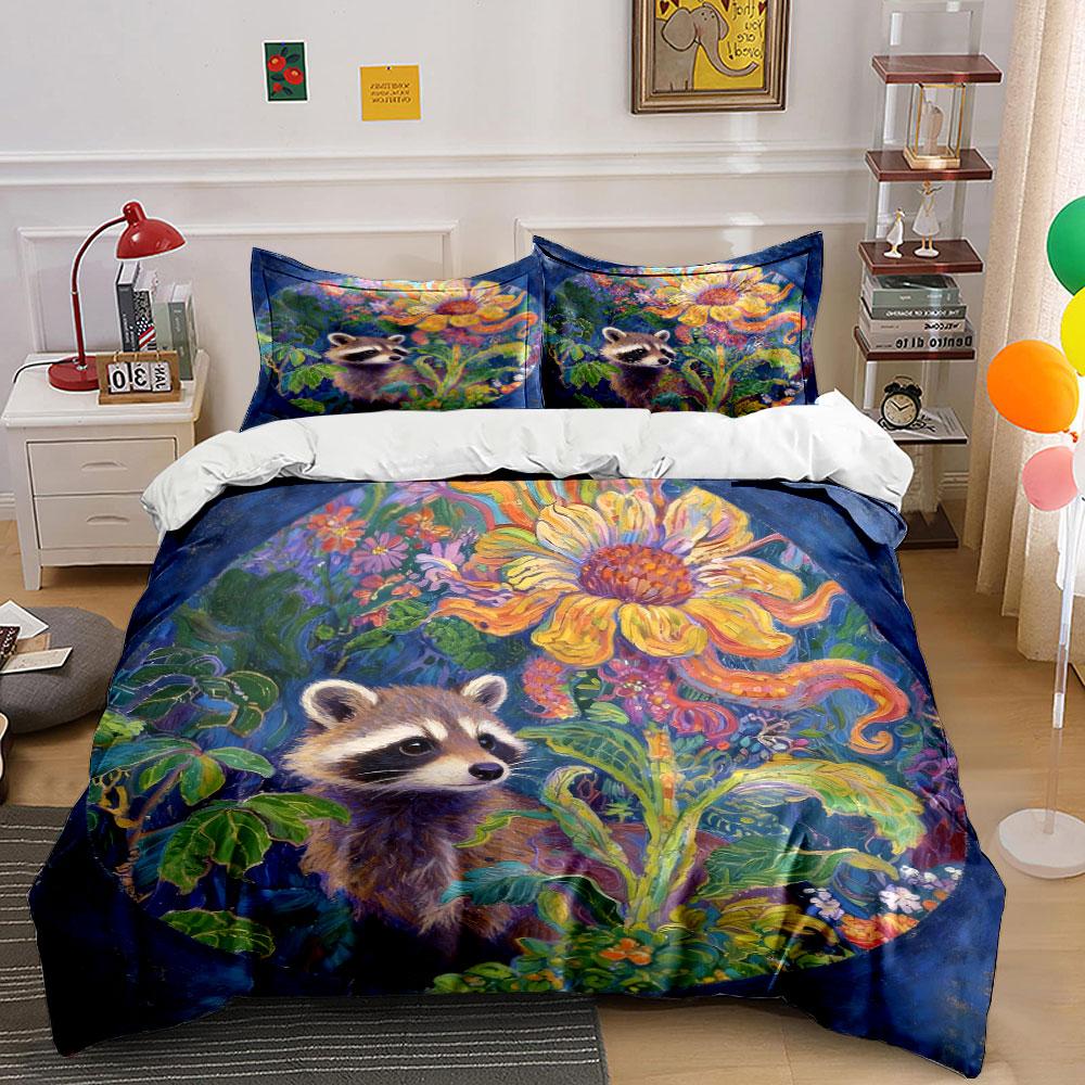 Raccoon Floral Art Decor Soft Comfortable Duvet Cover Bedding Set Included 1*Duvet Cover & 2*Pillowcases, Gift