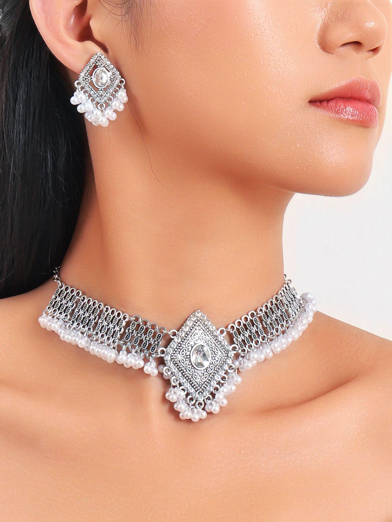 Ethnic Geometric Pearl Tassel Rhombus Necklace  Earring Set for Women