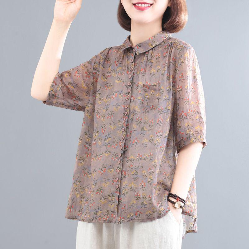 Koreanischer Stil Baumwolle Leinen Übergröße Retro-Print Zweiteiliges Set - Damen Lässiger Sommeranzug