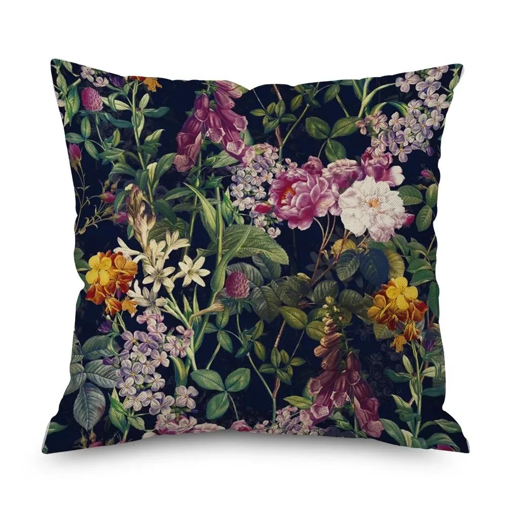Vintage Floral Leinen Kissenbezug Schwarze Nacht Rose Kissenbezüge Dekorativ Interieur für Heimdeko Kissenhülle für Schlafzimmer 45x45