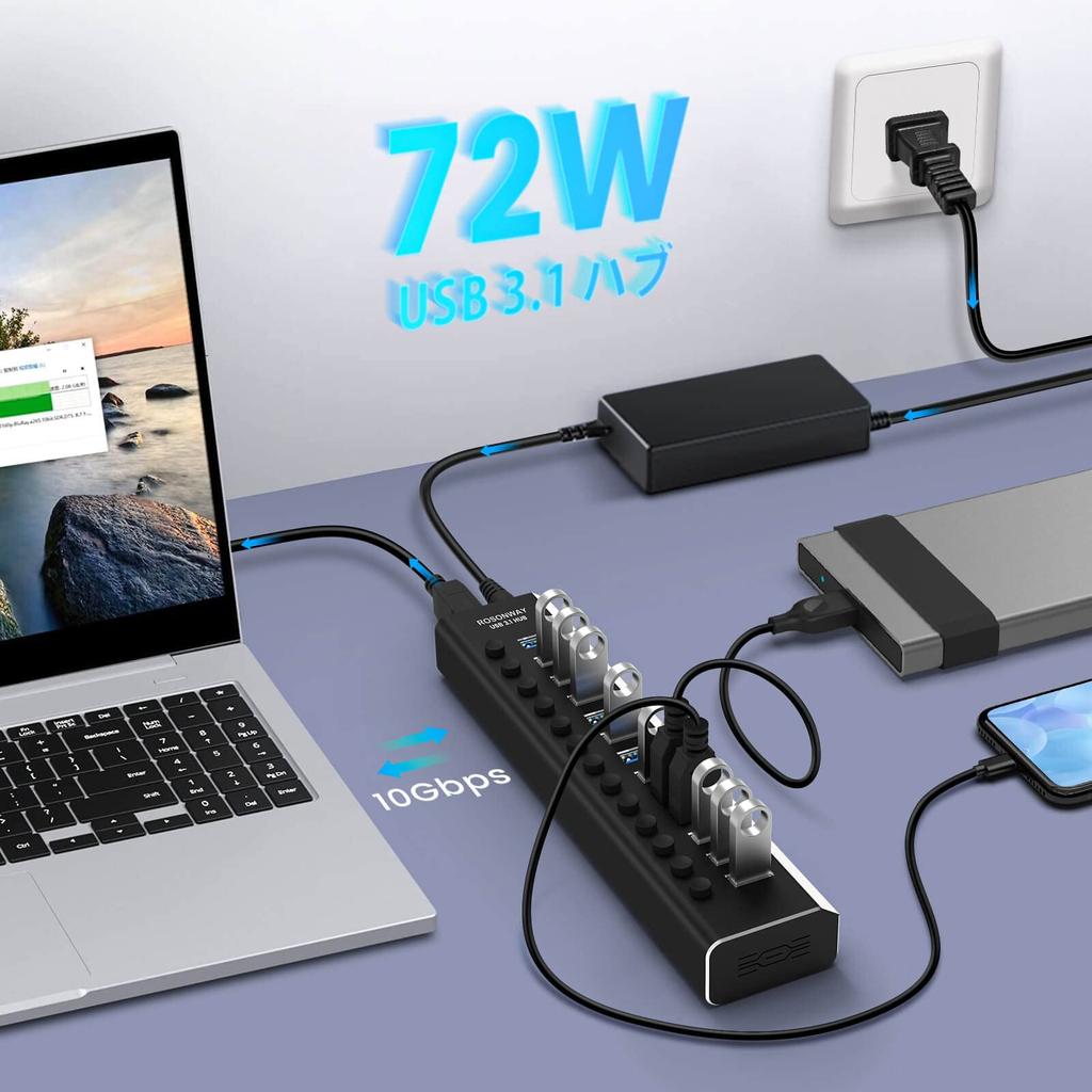 ROSONWAY USB Hub Gen2 10Gbps 13 Port Aluminum 72W USB HUB USB Cable and Type C Cable Included AC Adapter Independent Switch Included 3.1 Self-Powered
