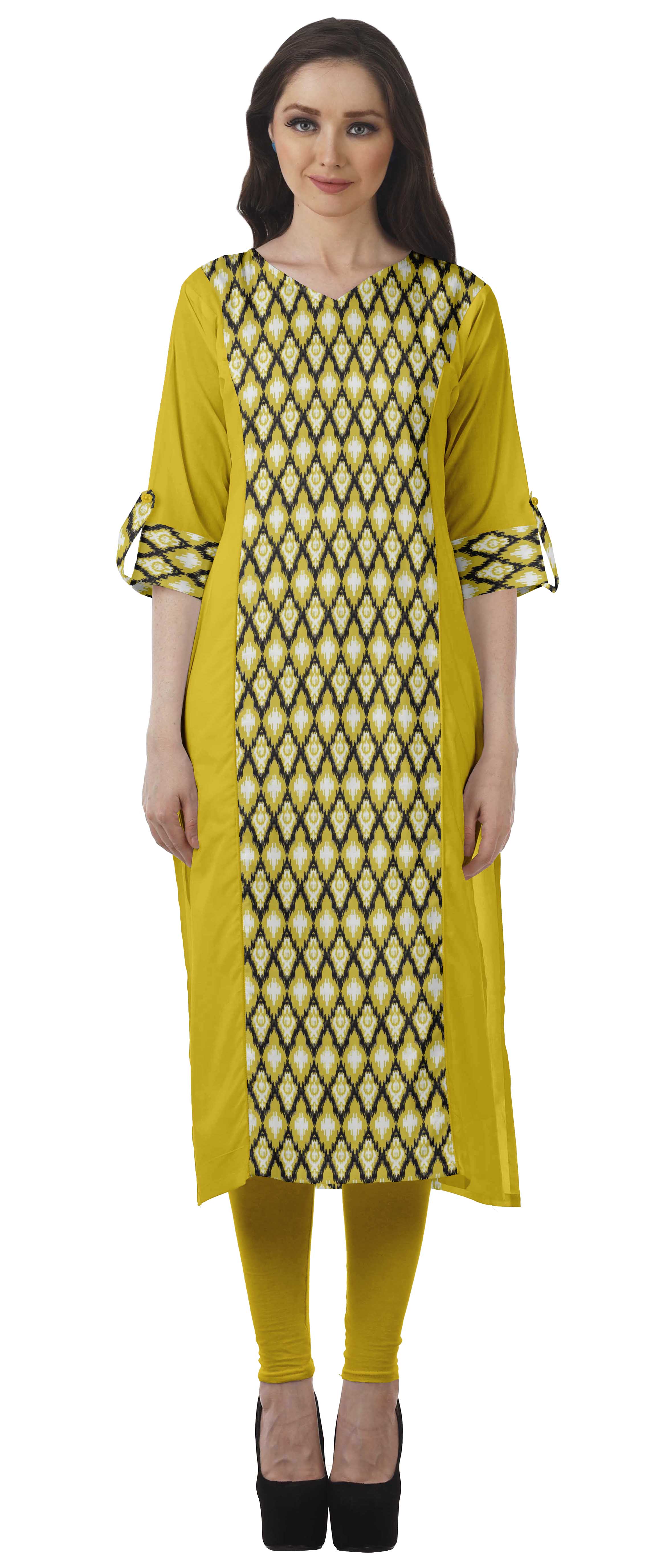 

Moomaya Жіноча принтована курті до коліна, курта, туніка, топи, V-подібний виріз, великий розмір XS жовтий