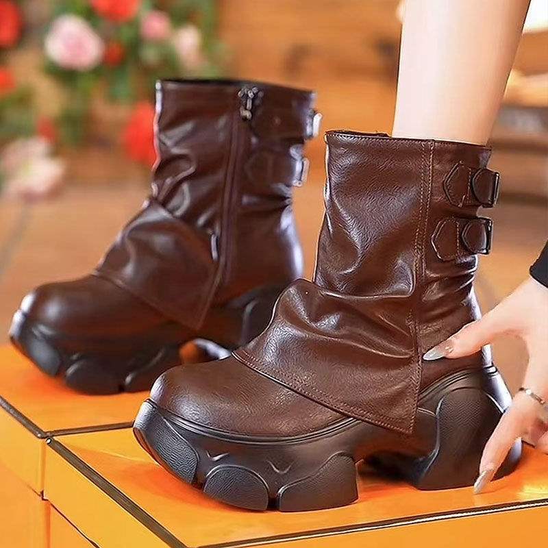 Height Increasing Pile Middle Tube Boots For Women,  Autumn Winter New Fashion Versatile Short Boots, Thick Soled Snow Boots