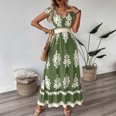 Women Summer Dress V-Neck Flying Short Sleeve Beach Dress Printing High Waist Flowy Hem Vacation Dress