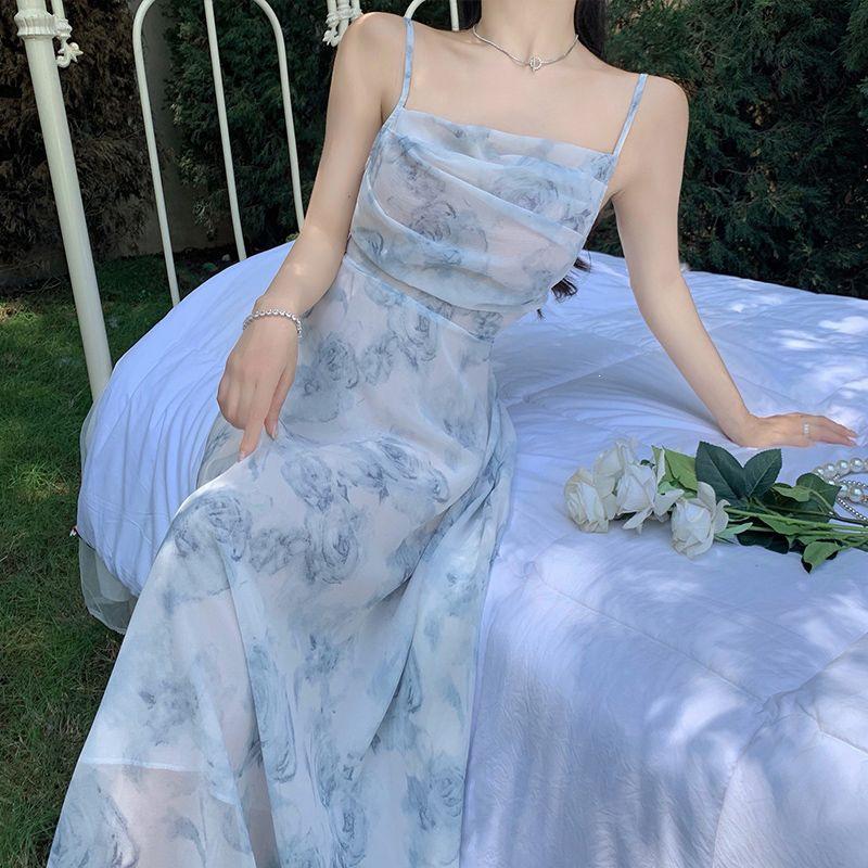 Women's Blue Floral Strappy Dress - French Tea Party, Waist-Cinched, Long Summer Beach Dress