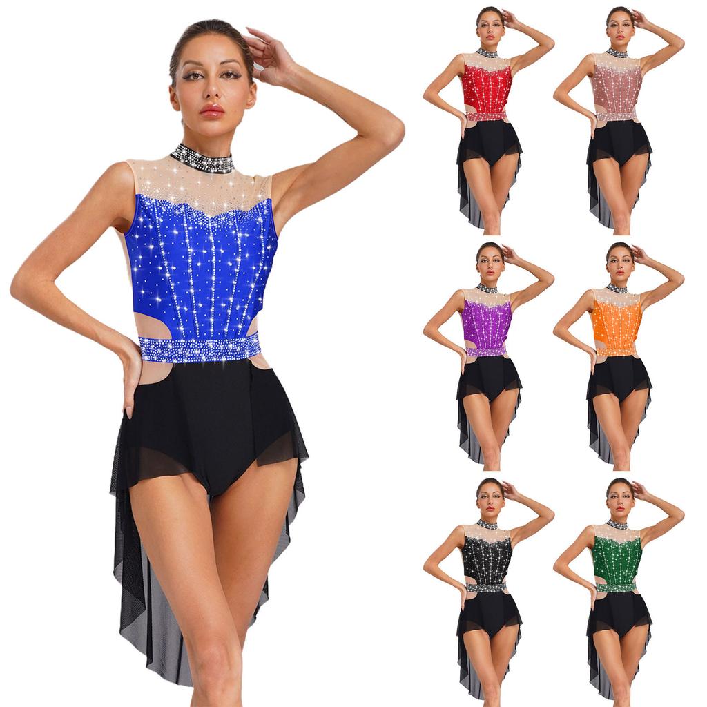 Kvinner Lyrisk Danse Drakt Mock Neck Ermeløs Ryggløs Rhinsteiner Fargeblokk Mesh Lappverk Skjørt Kostyme