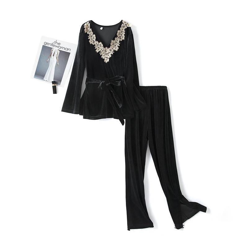 

Пижамы женские весенние, осенние и зимние, золотые бархатные брюки с длинными рукавами, состоящие из двух частей, можно носить, повседневная домашняя одежда XL чёрный