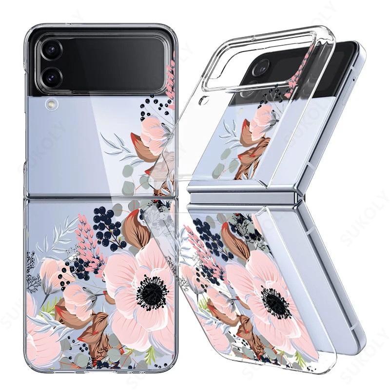 2 STK sammenleggbare flipvesker for Samsung Galaxy Z Flip5 Flip4 Flip3 Moto Razr 40 Ultra Flowers Butterfly Love Heart Pattern Støtsikker PC Hard Clear Cover