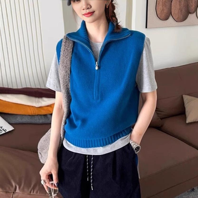Slack retro half zipper sleeveless knitted vest chic stacked foreign style age-reducing top casual vest