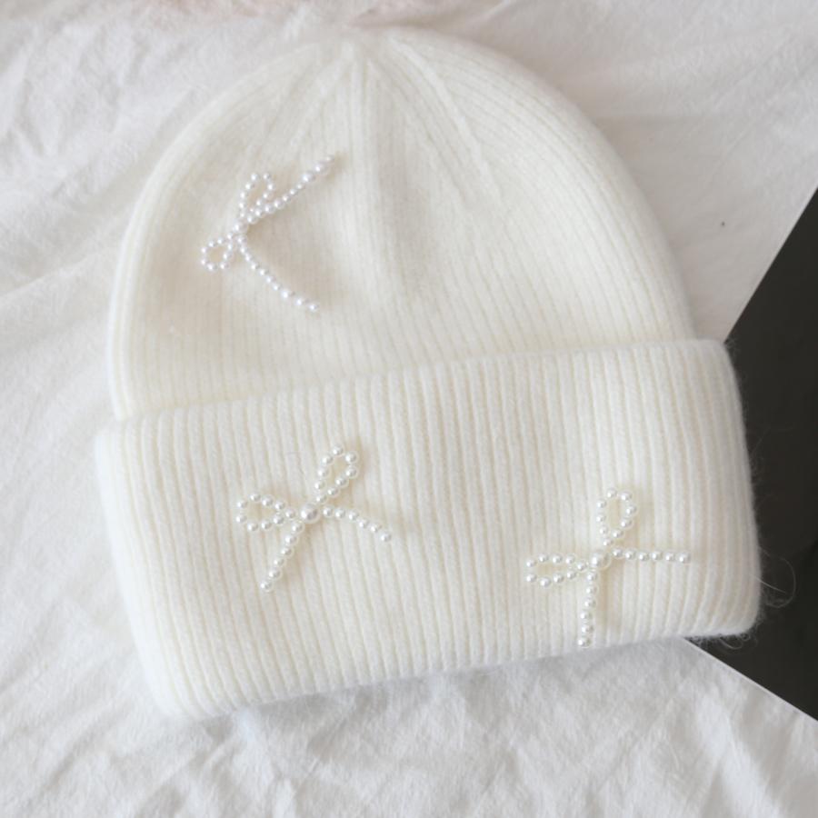 New Angora Rabbit Fur Bow Winter Hat For Women Knitted Fluffy Beanie Ladies Fashion Warm Plush Skull Womens Thick Fleece Hat Y2K