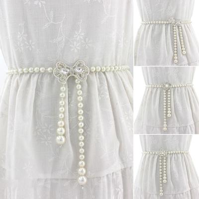 Calças casuais de festa com design de luxo, cintos para vestido, tira na cintura, corrente fina, cinto de pérola elegante