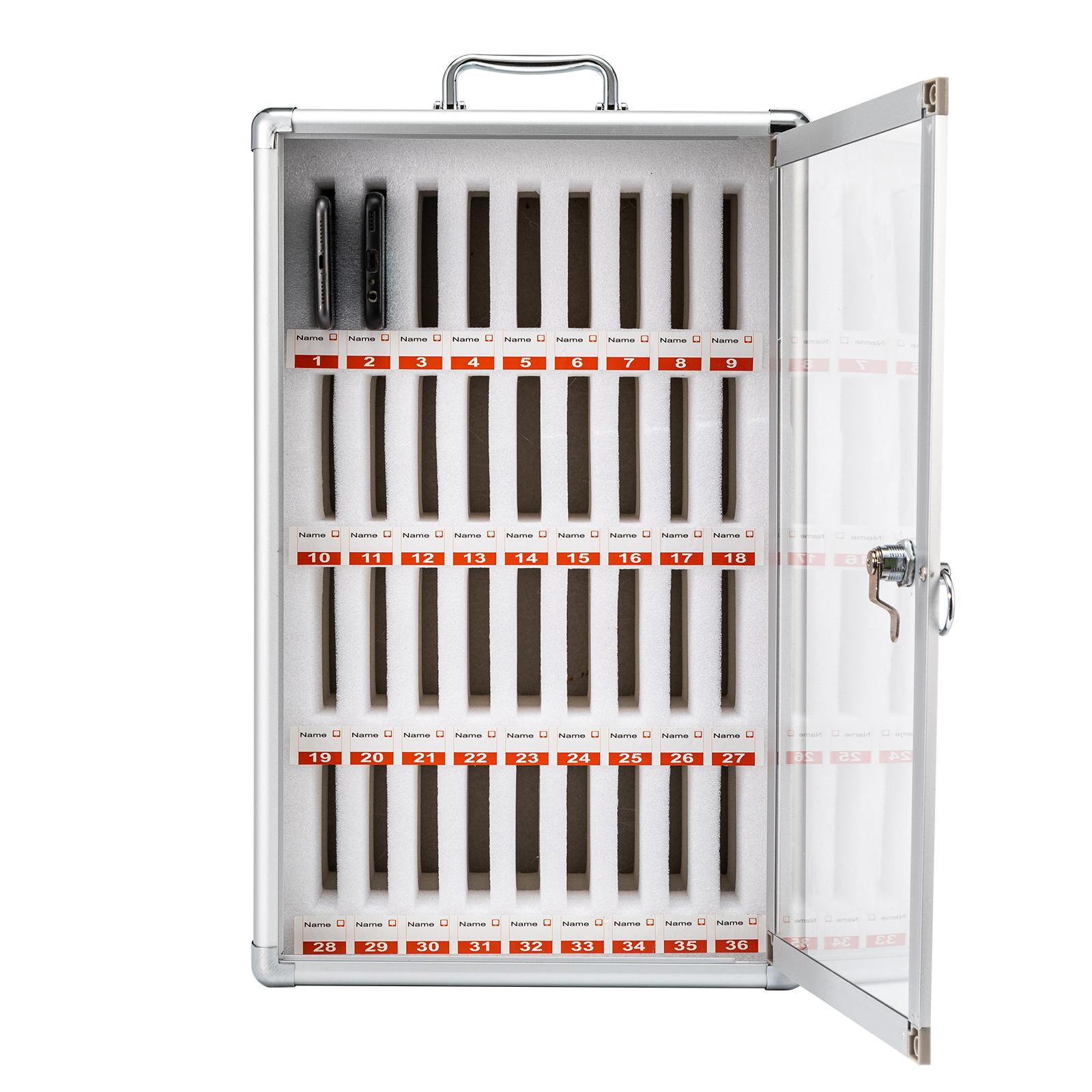 

36 ячеек Шкаф для хранения сотовых телефонов из алюминиевого сплава Настенный с замком Подходит для офисов, конференц-залов серебряный