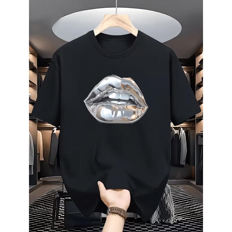Men's Three-Dimensional Lip Print Trendy T-Shirt, Regular Fit, Outdoor Commuting Casual Top, Unique Design, Breathable and Versatile for Daily Wear