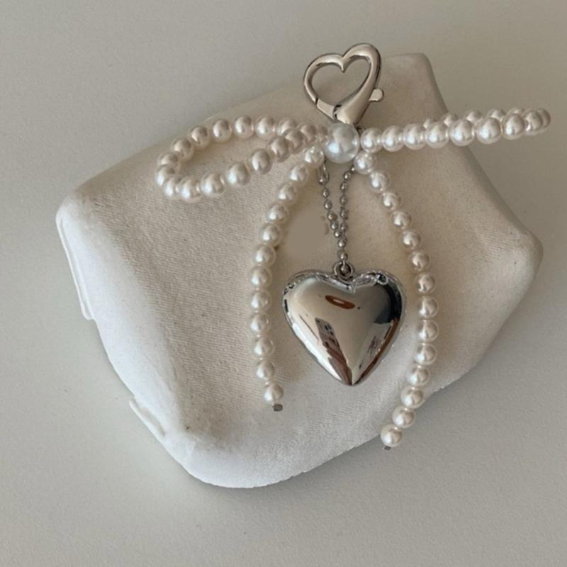 Chic Imitation Pearl Keychain Handmade Bow Shaped Keyring Heart Pendant Keyrings