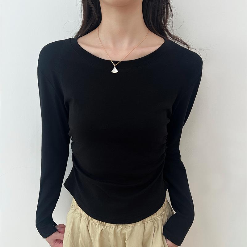 2 Cotton Wrinkled Bottoming Shirt Women's Autumn and Winter New Inner Slim-fitting Long-sleeved Top Crew Neck Front Shoulder Shirt