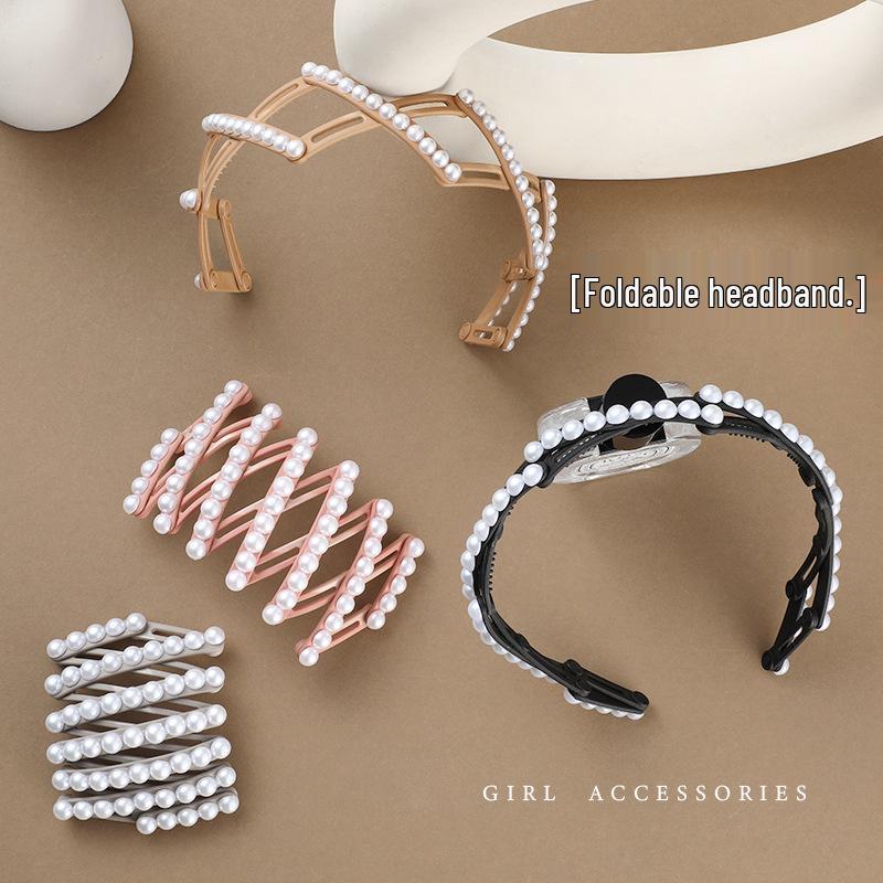 2024 Pearl Retractable Folding Headband: New Hair Accessory for Women, Combats Frizzy Hair, Ideal for Washing Face