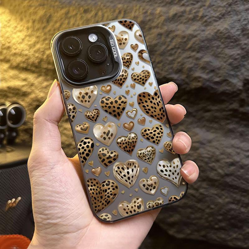 Love Heart Leopard Print Electroplate Silver Phone Case For iPhone 16 Pro Max 15 14 13 12 11 7 8 Plus X XS XR Shockproof Cover