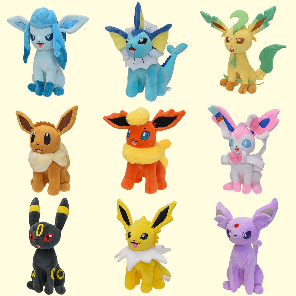 25cm Medium Eevee Plush Doll - 9 Designs with Tag: Fairy, Fire, Water, Ice, Sun, Sitting Open-Mouth