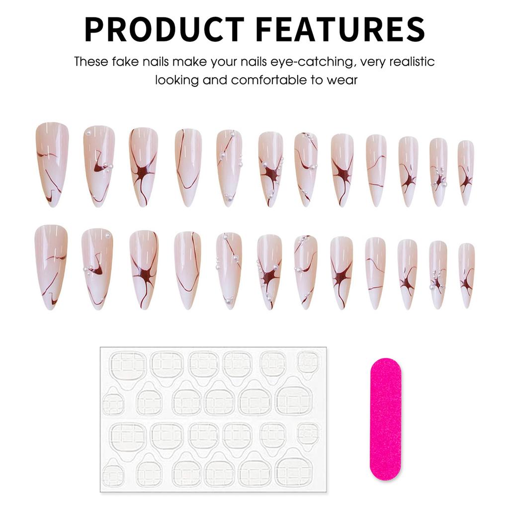 Pink White Long Fake Nails with Line Print Durable & Never Splitting Comfort Fake Nails for Working Dating or Partying