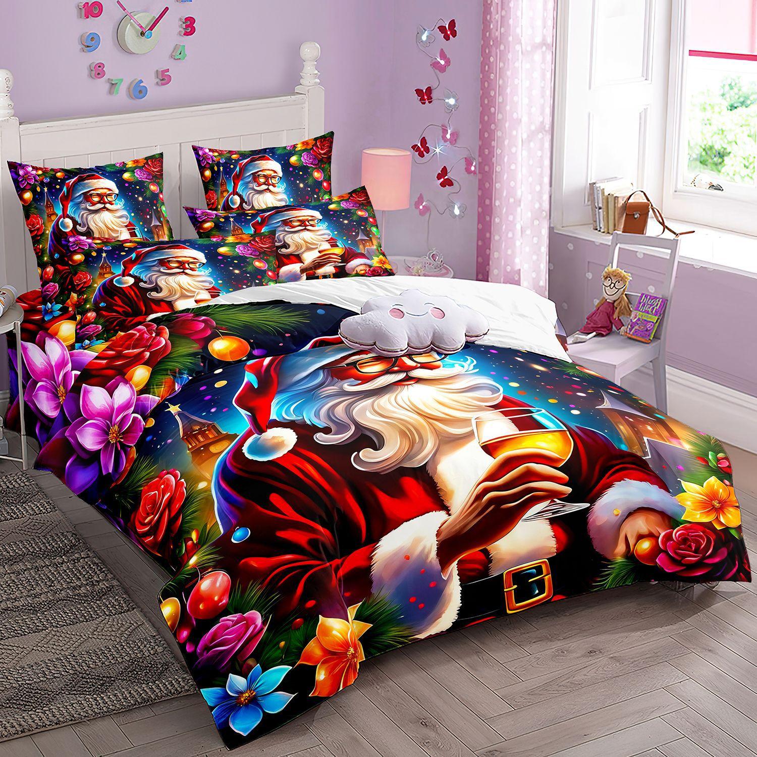 

Comforter Christmas Santa Claus And Snowman Tree Print Pattern Bedding Setfor Girls Christmas Gift Bedroom Decor Comforter (quilt)-EU Single(135*200cm)3pcs