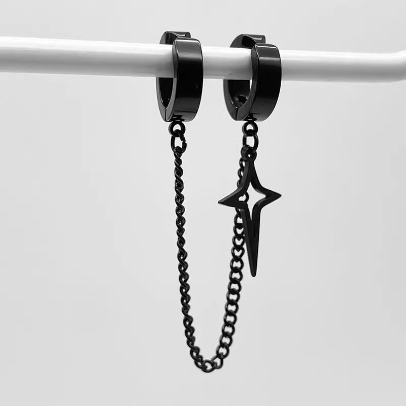 

Black Hollowed-out Four-pointed Star No Piercing Clip Earrings Connect Ear Bone Clip for Women Men Stainless Steel Trend Jewelry