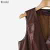 ZANZEA Women Casual V-Neck Sleeveless Faux PU Leather Cardigan Vest
