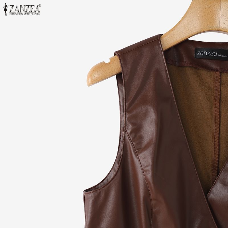 ZANZEA Women Casual V-Neck Sleeveless Faux PU Leather Cardigan Vest