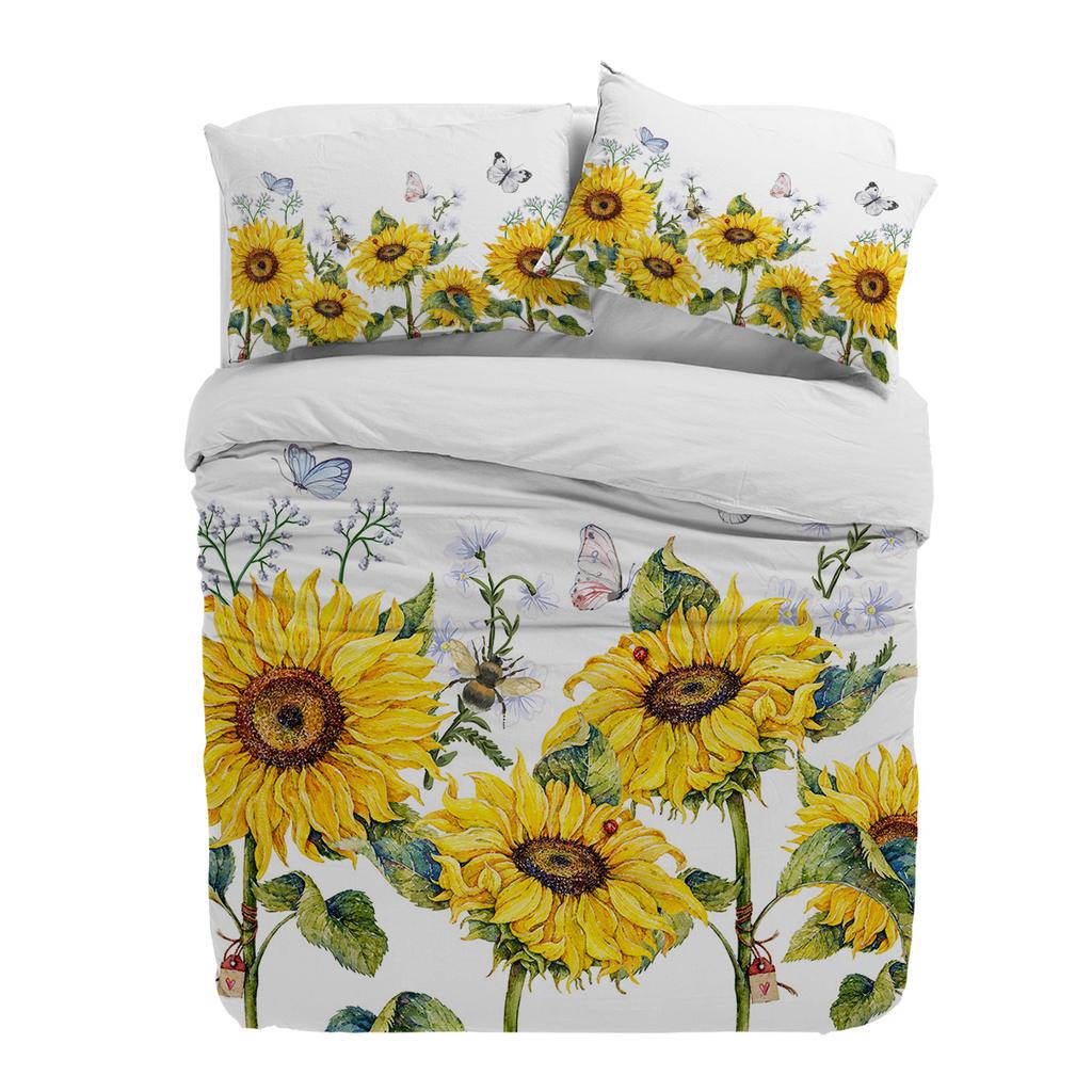 Sunflower Flower Butterfly Bee White Duvet Cover With Pillow Case Custom 3pcs Bedding Set Quilt Cover Double Bed Home Textile