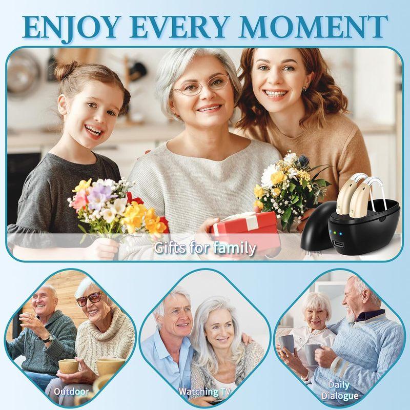 Hörgerät, wiederaufladbar für Senioren, Geräuschunterdrückung, 5-stufige Lautstärkeeinstellung, klarer Klang, mit Ladeetui