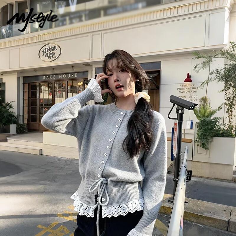MJ STYLE Faux Two-Piece Lace Knit Cardigan Sweater