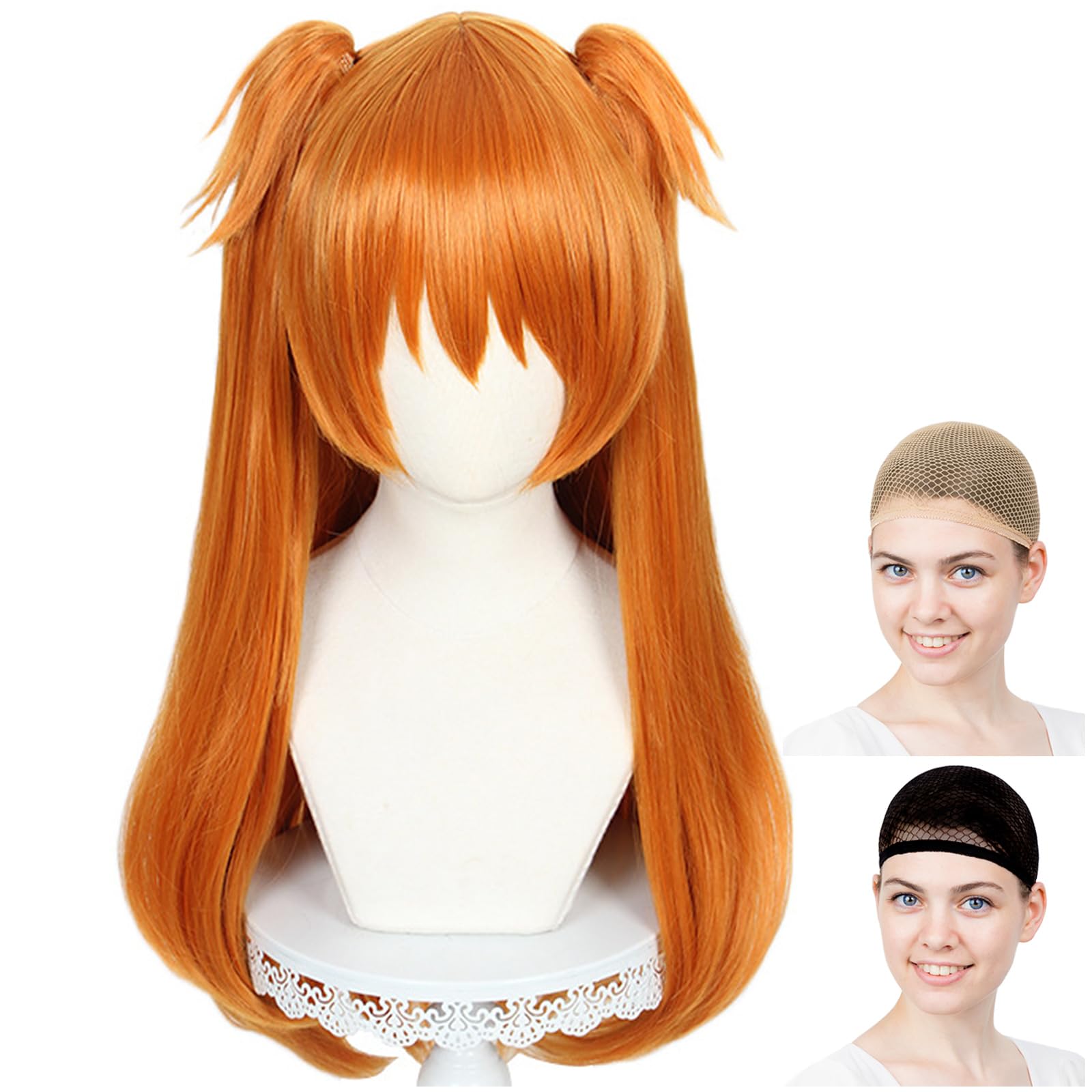 

CaseEden Cosplay Wig, Straight, Long, with Bun, Orange Gold, Orange, Set of 2 Wig Nets