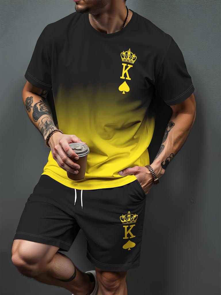 Gradient Letter Pattern 3D Print Tracksuits Men Casual Short Sleeve T-Shirt Shorts Sets 2pcs Sportswear Suits Man Clothing