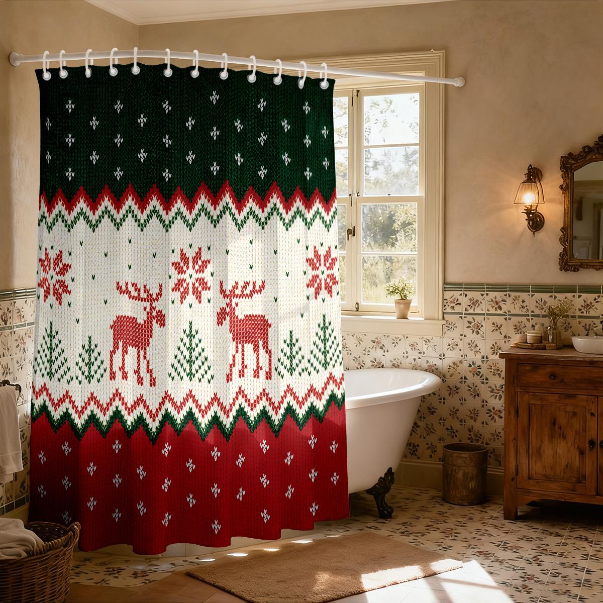 

1Pcs Christmas Striped Reindeer Print Waterproof Shower Curtain Partition Privacy Hanging Curtain 12 Hooks In Various Sizes W60H190(CM)-1 Pcs