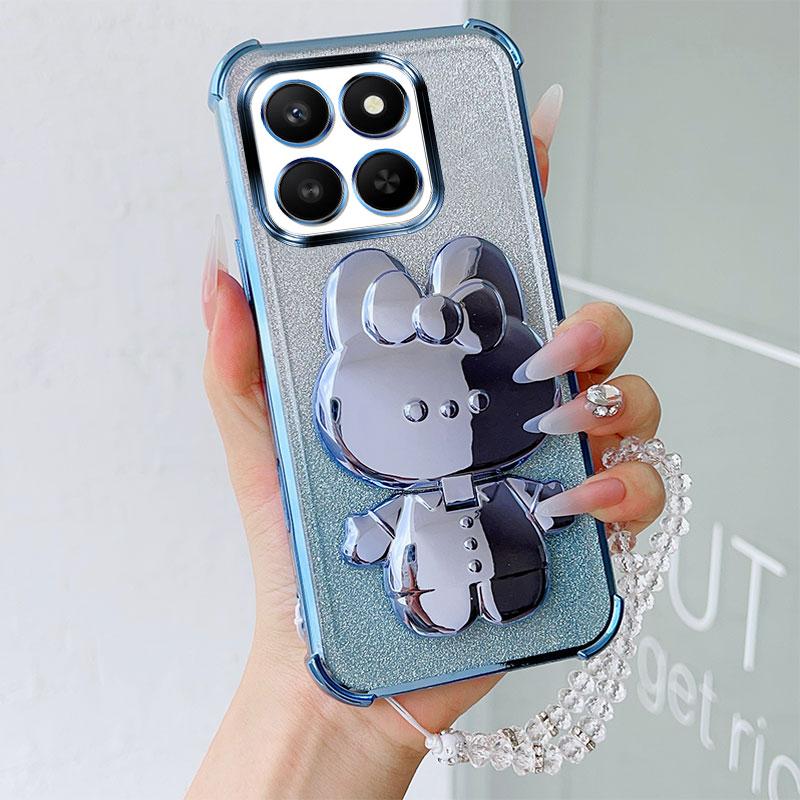 Luxury Shockproof Phone Case with Cute Rabbit Makeup Swivel Stand Crystal Lanyard For Honor X7d X7c X7b X7a X7 Back Cover