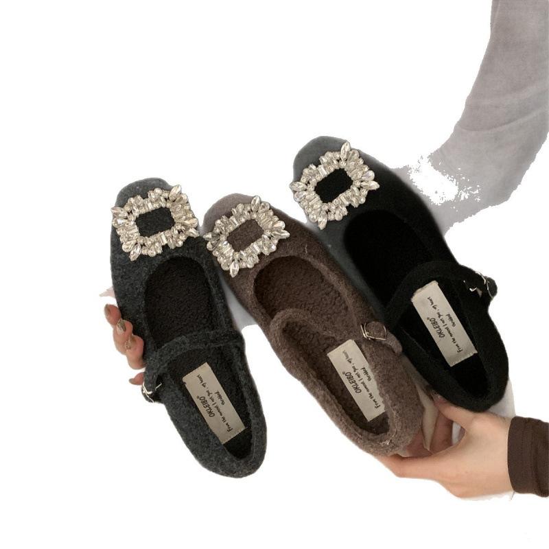 Xiaoxiangfeng woolen rhinestone square head fluffy Mary Jane shoes women's autumn and winter velvet cotton shoes middle heel ladyshoes women's sin
