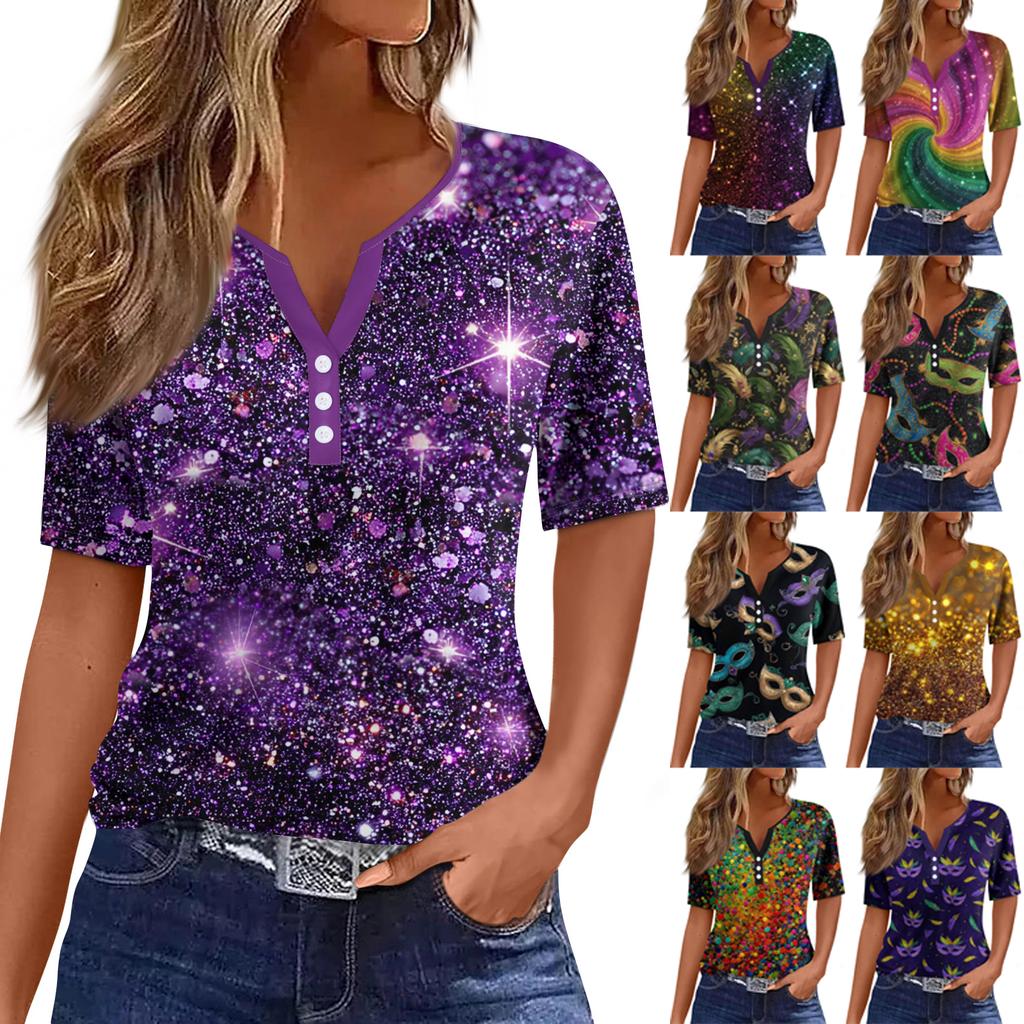 Damen-T-Shirt, T-Shirt, bedruckt, Knopfleiste, kurzärmelig, für den Alltag, Wochenende, modisch, Basic, V-Ausschnitt, normales Oberteil