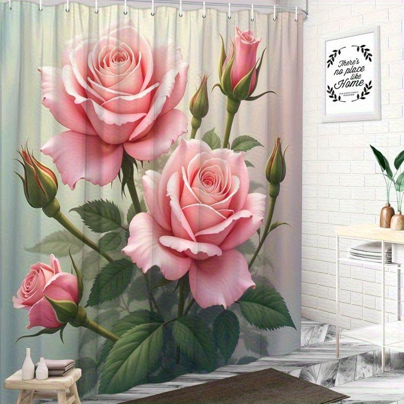 1pc Elegant Pink Rose Bath Curtain - No-Drill Shower Curtain with Hooks, All-Season Floral Design for Bathroom Decor, Rose Decor