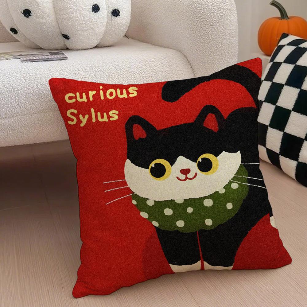 Cozy Cartoon Christmas Gift Cute Cat Cushion Cover Linen Pillow Case Soft Breathable Protective Couch Room Decoration