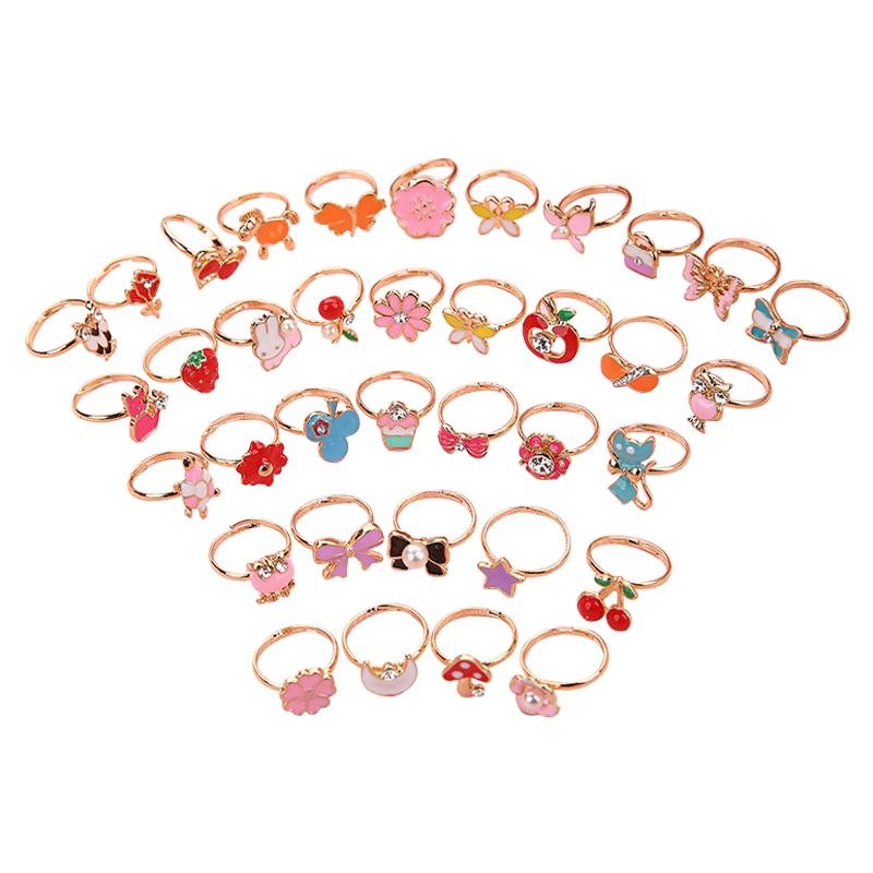 6/12/36pcs Cute Adjustable Rings Children Girls Pretend Play Makeup Toys Cartoon Crystal Jewelry Alloy Animal Enamel Rings