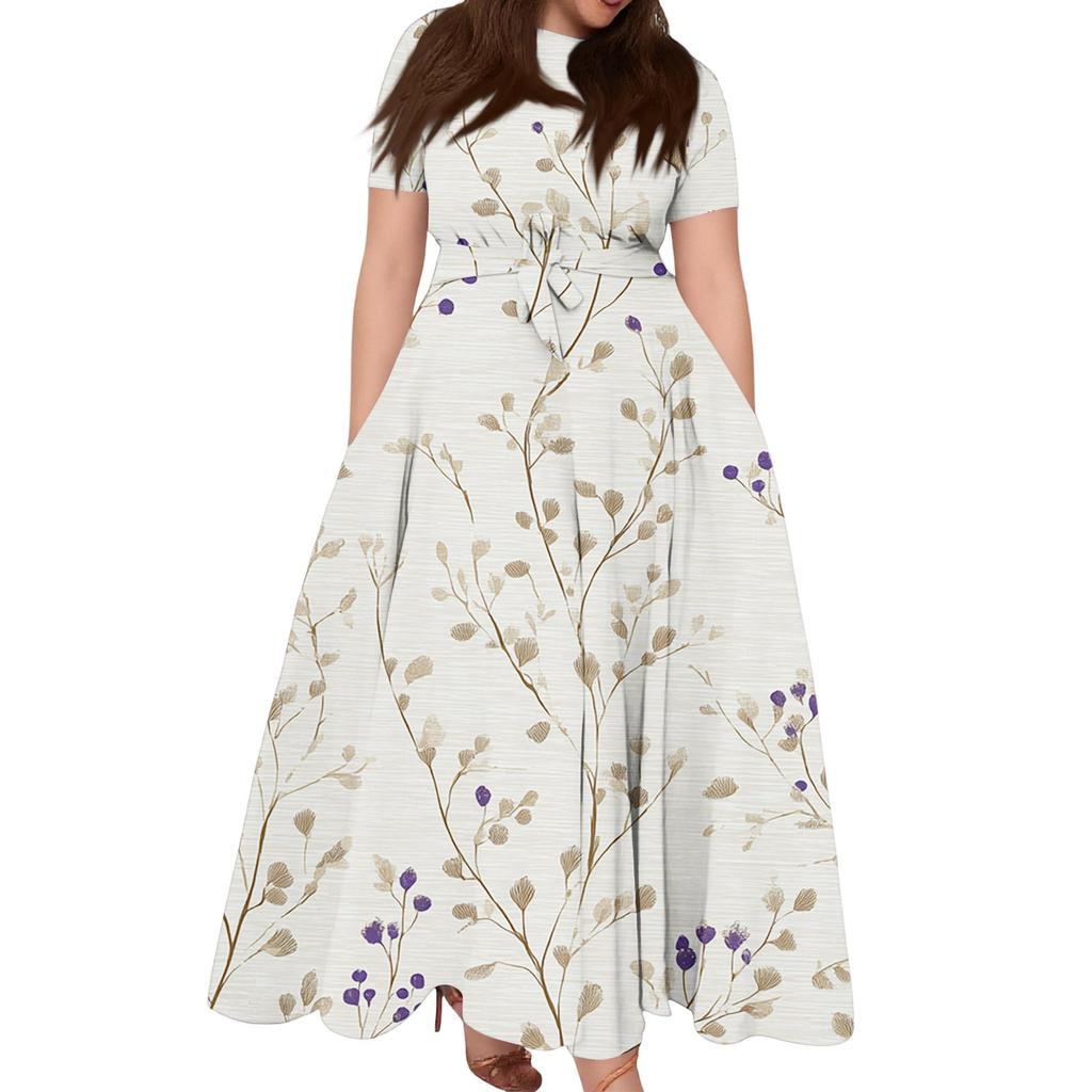 Abito Casual da Donna Taglie Forti Stampa Floreale Retro Girocollo Manica Corta Tasca Cintura Cravatta