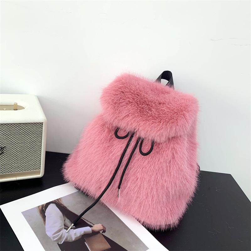 Nowy Pluszowy Plecak Imitacja Króliczego Futra Plecak Studentka Duża Pojemność Sznurek Panterka Jednolity Kolor Wszechstronna Torba Damska
