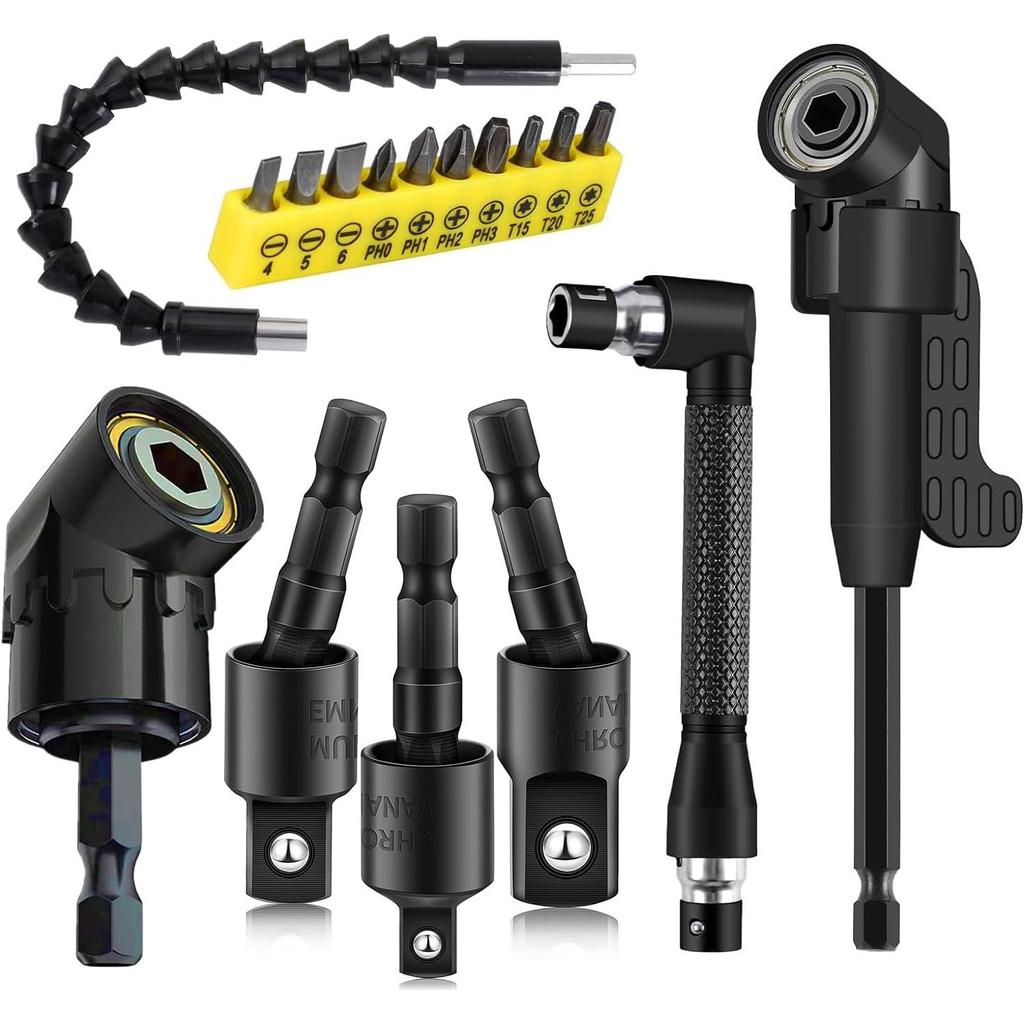 Power Drill Socket Adapter Set with 360 Degree Rotatable Hex Shank Driver Socket Adapter 105 Degree Right Angle Screwdriver Drill
