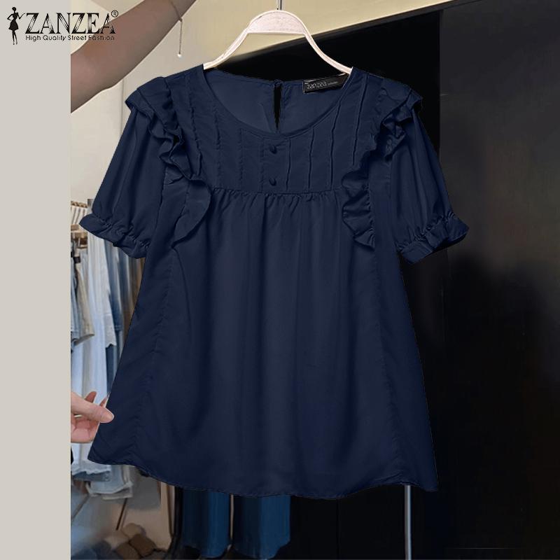 ZANZEA Damen Sommerbluse mit Rundhalsausschnitt, kurzen Ärmeln, gestreift, Rüschen