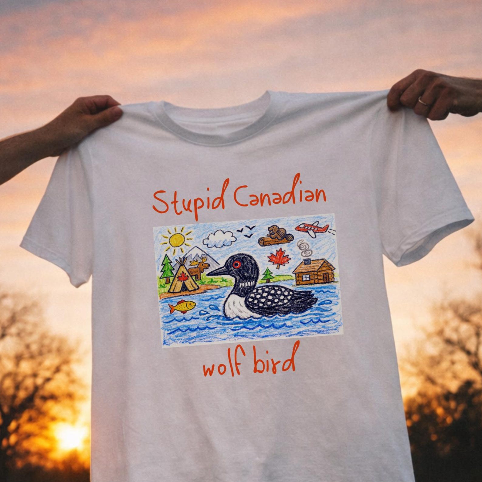 Stylish Stupid Canadian Wolf Bird tee, gift for Canadian,Sarcastic Animal Graphic Tee,Funny Loon Drawing | Childlike Crayon Art | Canada. 2XL