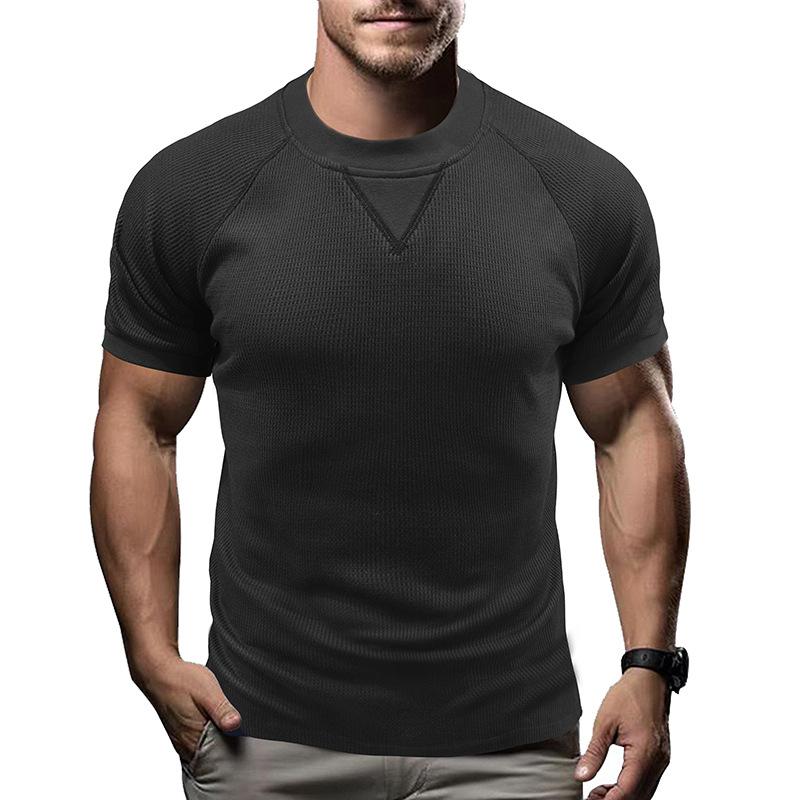 Men Solid Waffle Crew Neck Short Sleeve Loose Casual T Shirt