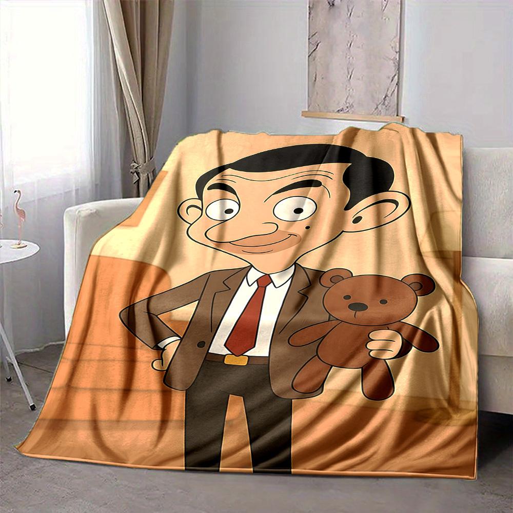 1 st Mr. Bean Teddy Flanellen Plaid HD Geprint Lichtgewicht Zacht Warm Deken voor Alle Seizoenen voor Bank, Bed, Reizen, Kamperen Machinewasbaar