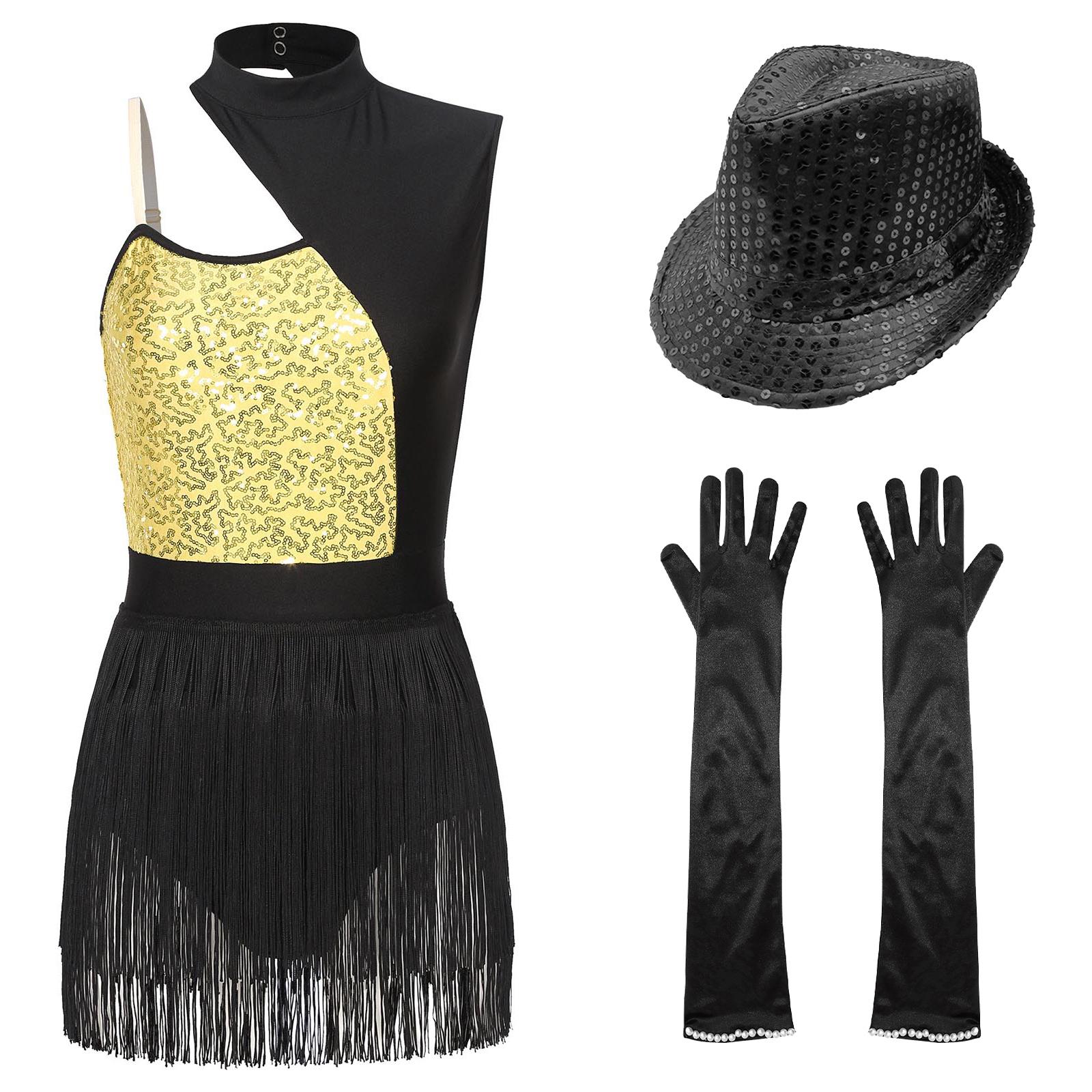 

Womens Latin Jazz Dance Outfit Cutout Sleeveless Leotard Shiny Sequins Contrast Color Patchwork Fringed Bodysuit Gloves Hat S