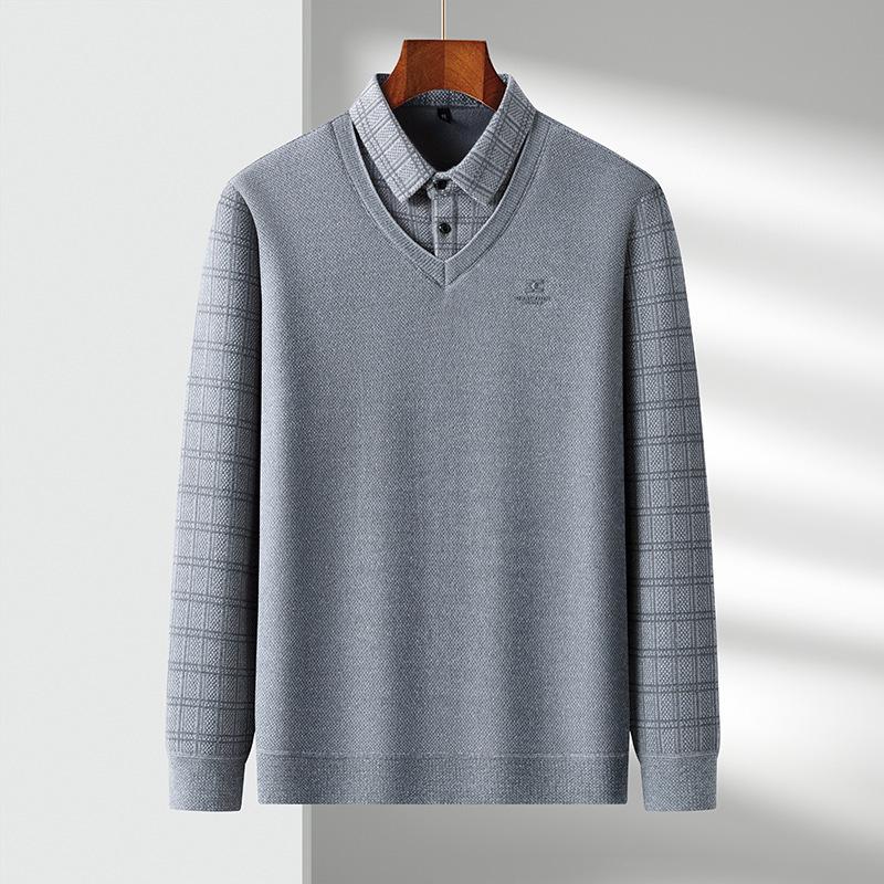 

High-Quality Men s Faux Two-Piece Knit Sweater - 2025 Autumn/Winter Striped Casual Shirt Collar 170-L сірий колір/синій