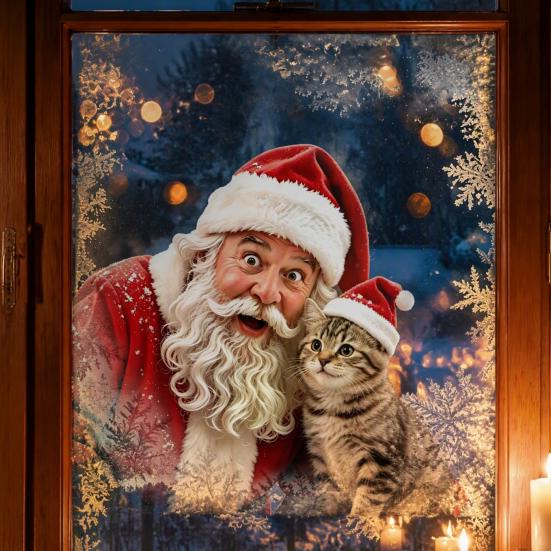 Static Cling Window Film Christmas Sticker, Santa Claus And Cute Kitten PVC Easy Apply Murals Decal, Waterproof Reusable Glass for Storefront