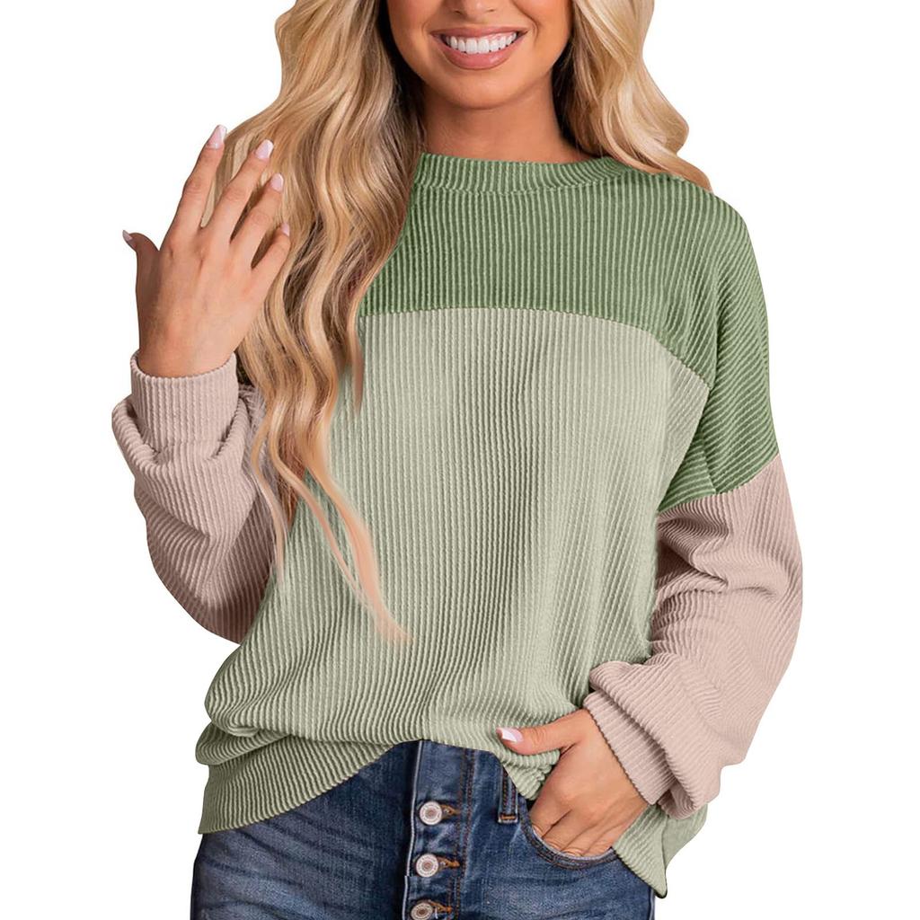Women's Round Neck Long Sleeve Casual Style Loose Flesh Covering Sweatshirt Color Matching Long Sleeve Top